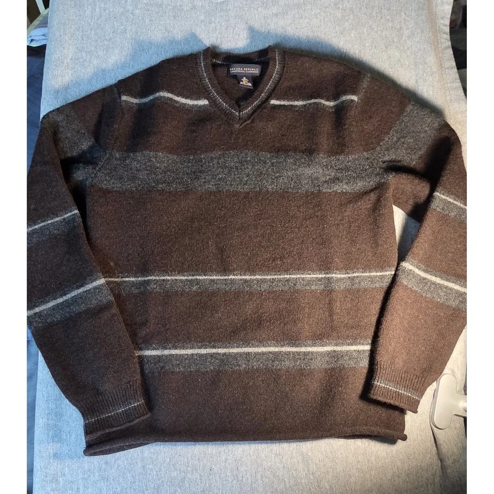 Banana Republic Men's Stripe V-Neck Lambswool Cashmere Sweater Blue Size M
